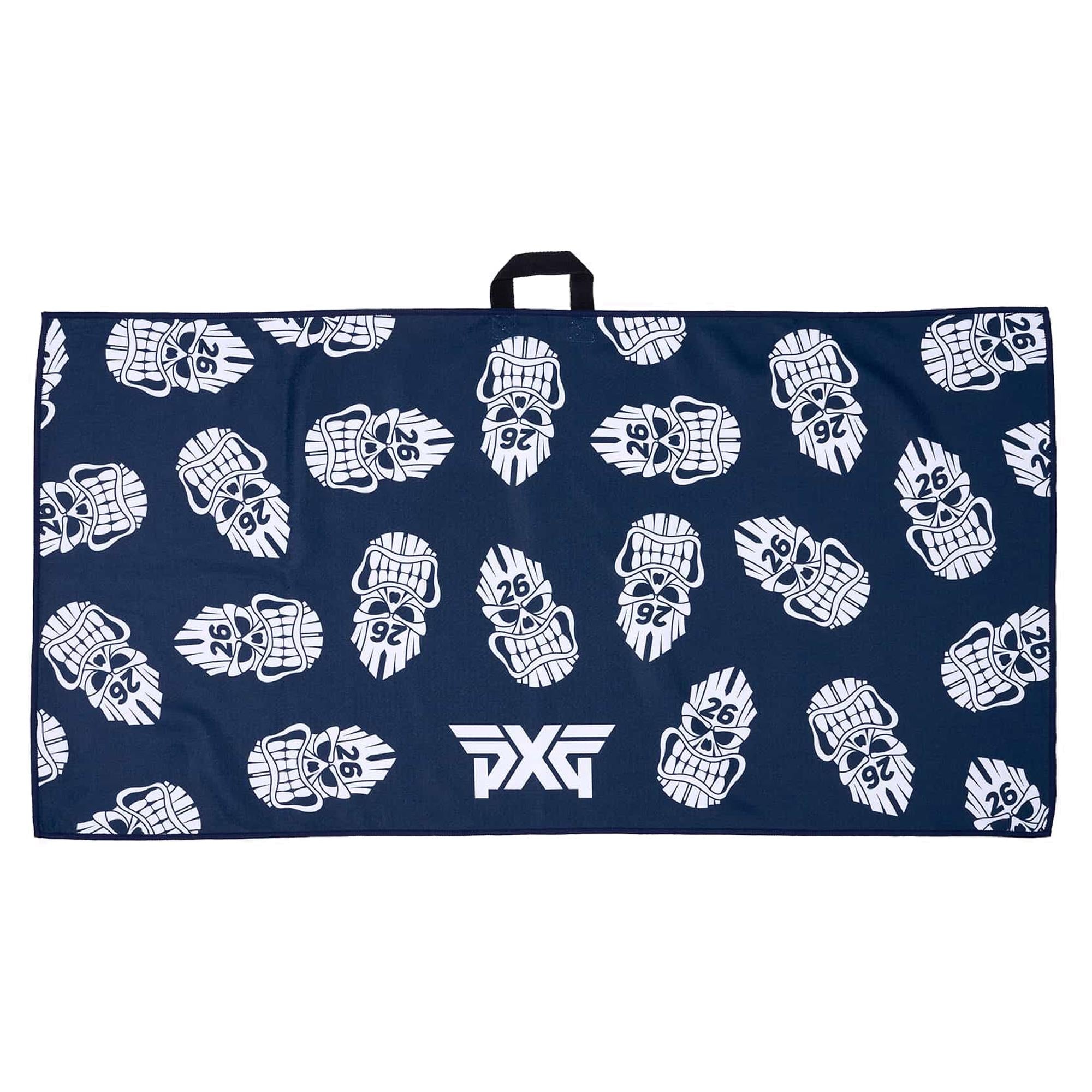 Front view of PXG Darkness Tiki Skull Players Towel showing tiki skull design