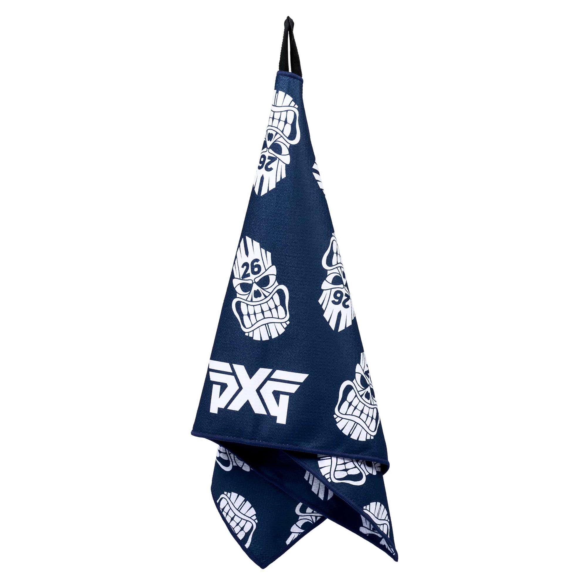 PXG Darkness Tiki Skull Players Towel hanging from golf bag
