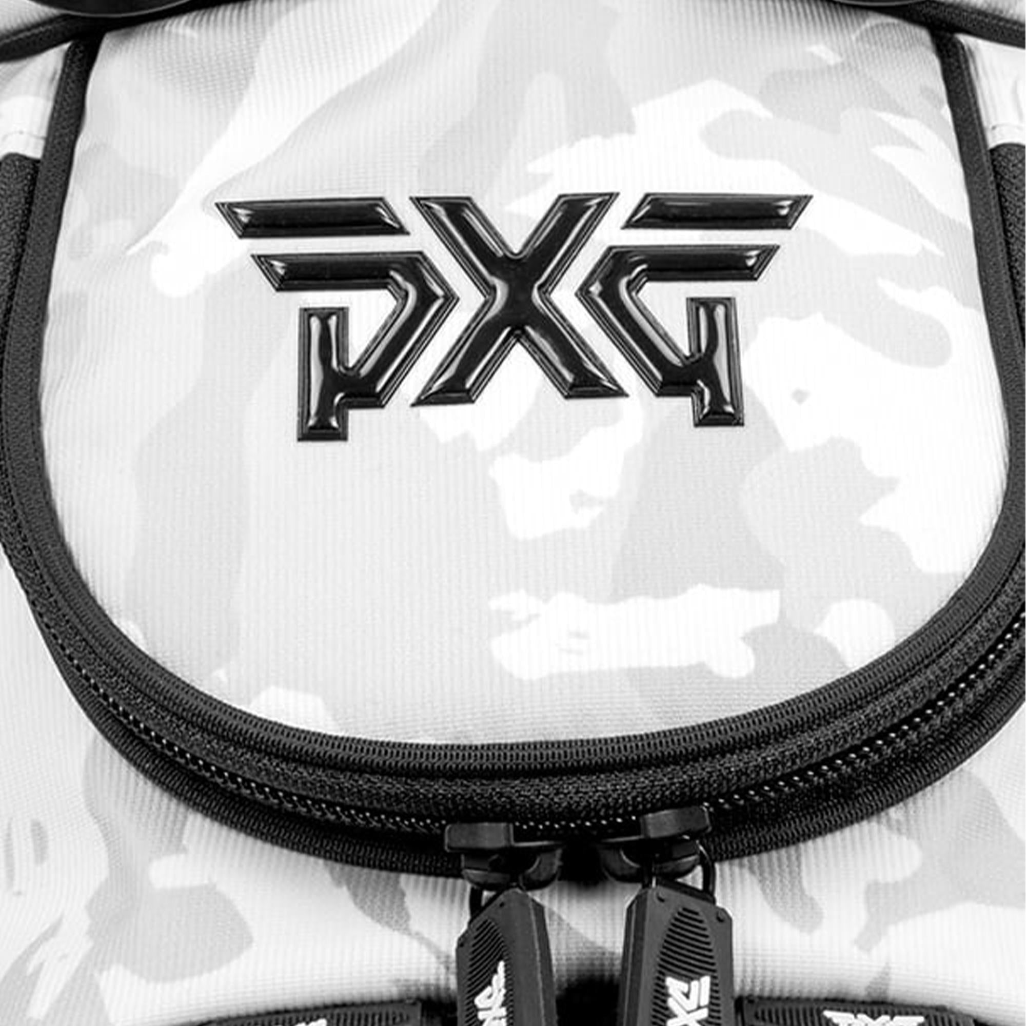 Close-Up of PXG Logo on Fairway Camo Carry Stand Bag – White