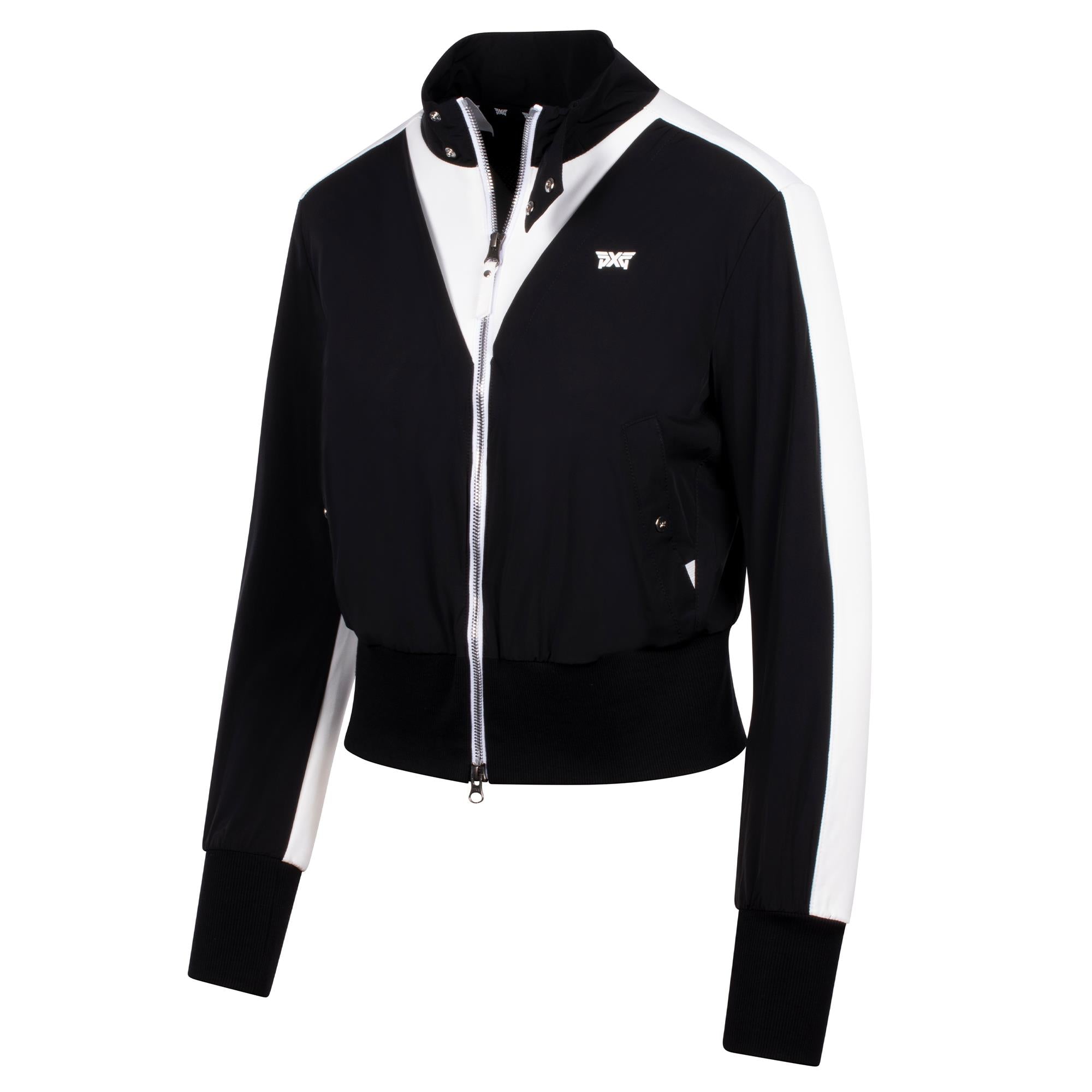 PXG Black High-Waisted Bomber Jacket – Front Angled Product Shot