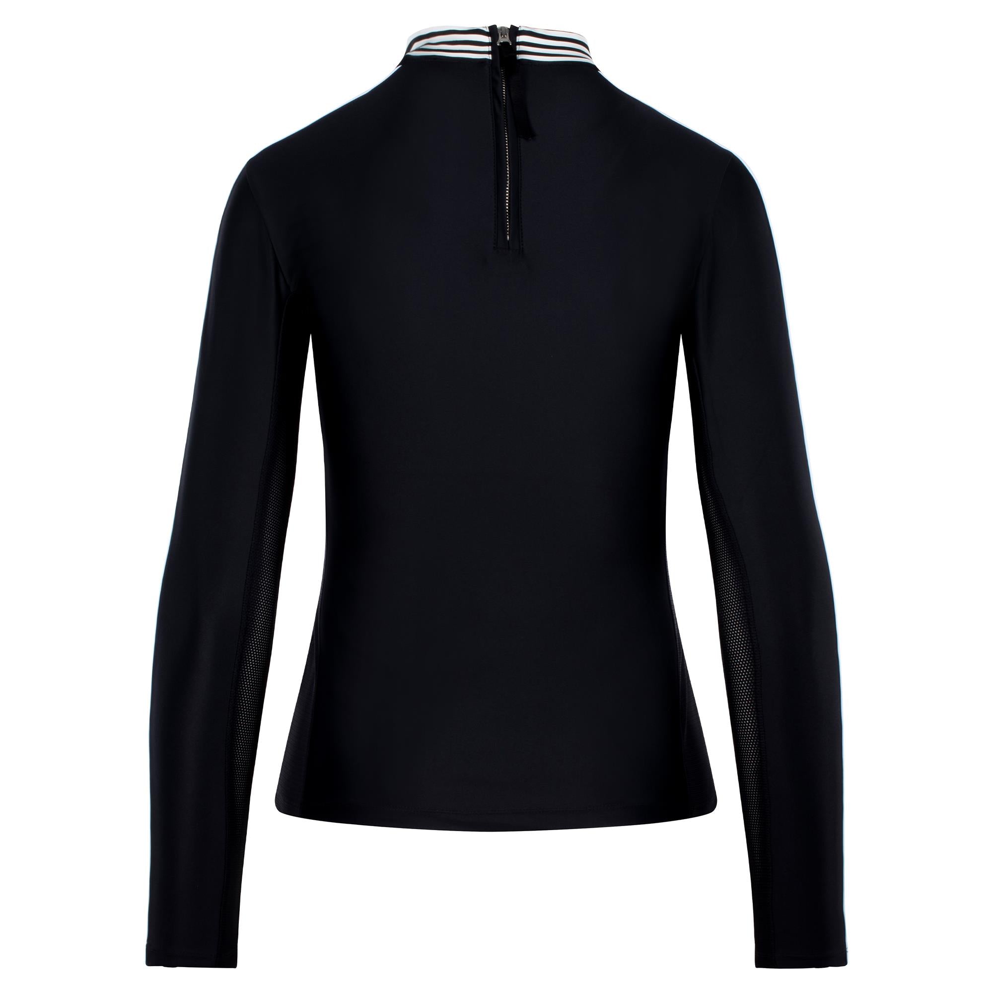 Back view of PXG Mock Neck Ladies Long Sleeve Golf Polo Shirt in black