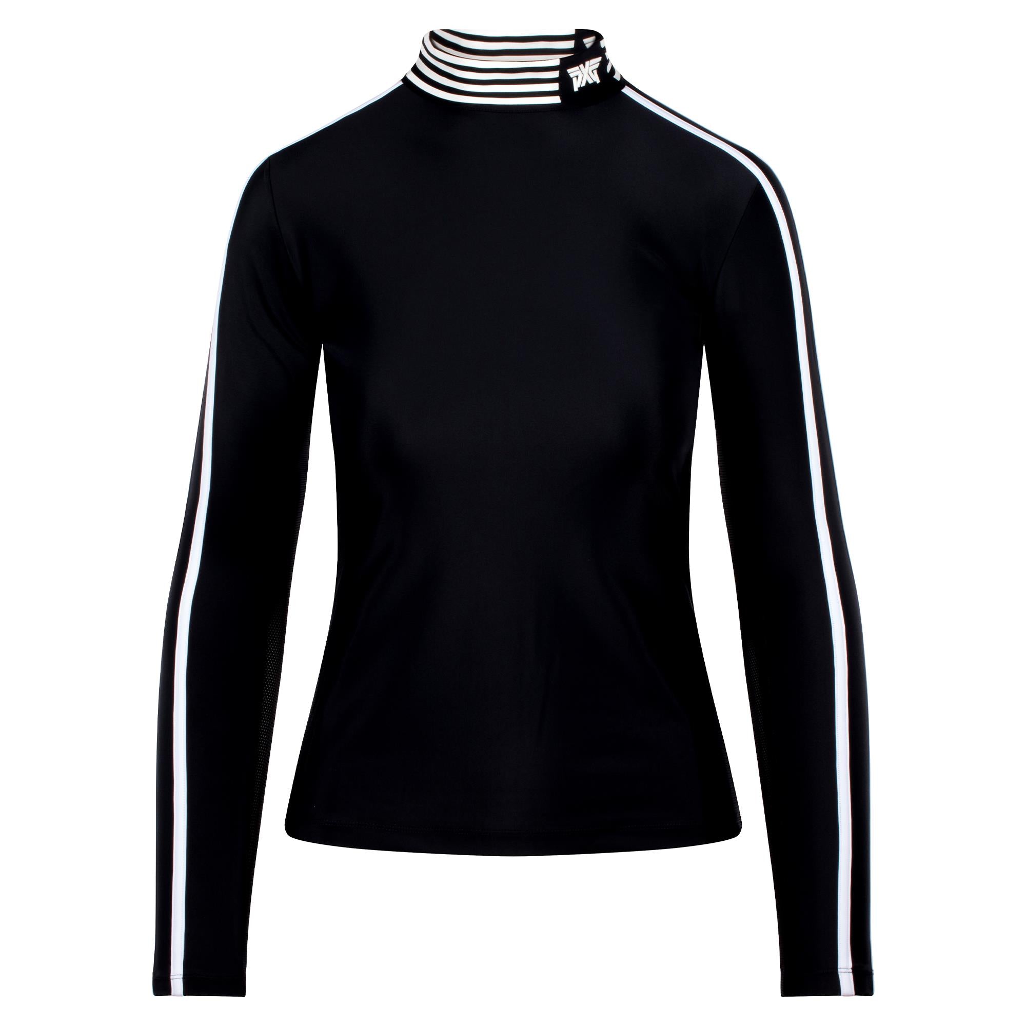 Front view of PXG Mock Neck Ladies Long Sleeve Golf Polo Shirt in black