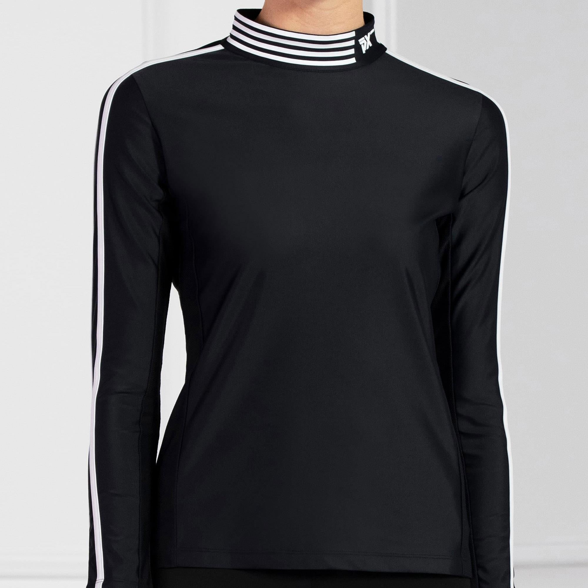 Model wearing PXG Mock Neck Ladies Long Sleeve Golf Polo Shirt in black, front view
