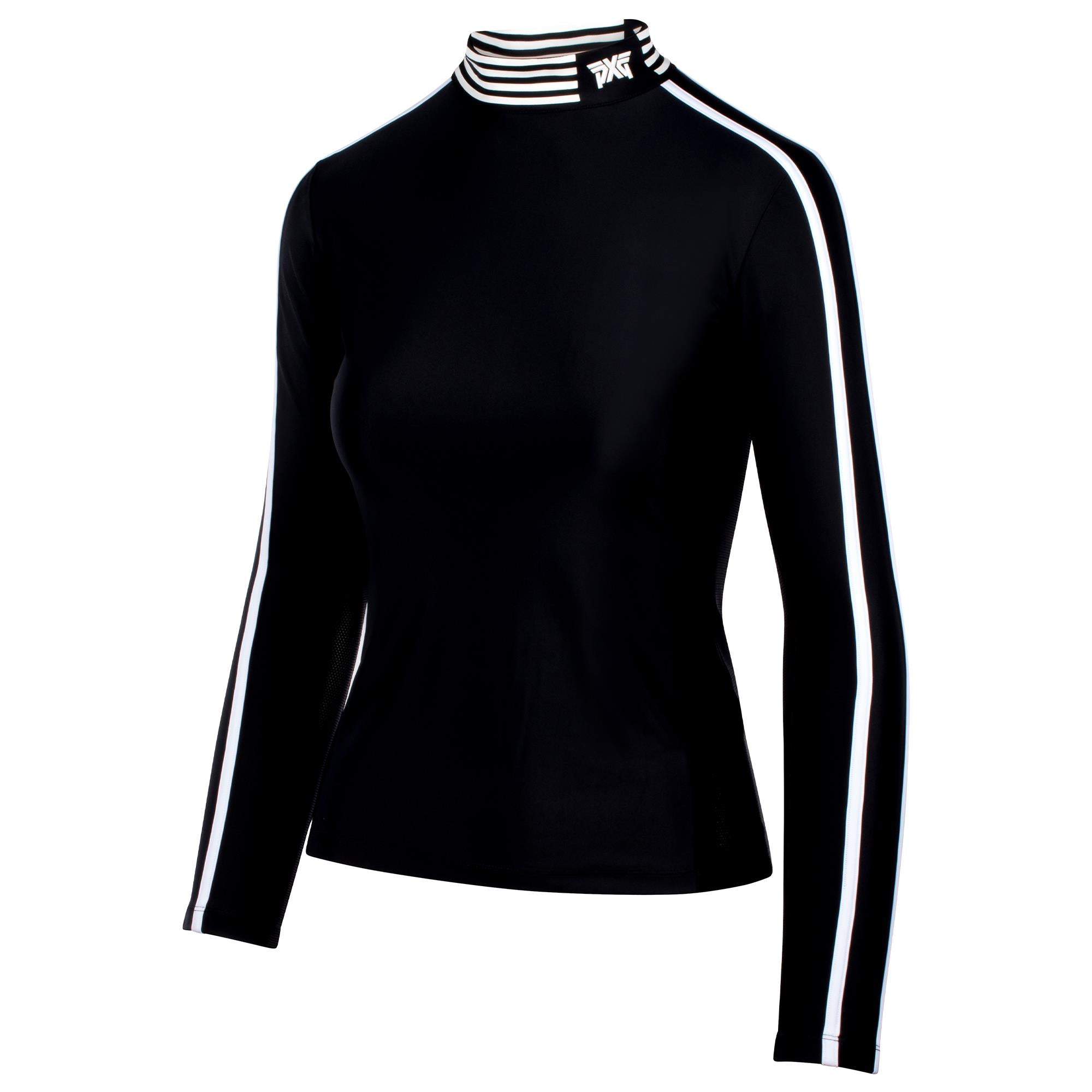 Side view of PXG Mock Neck Ladies Long Sleeve Golf Polo Shirt in black
