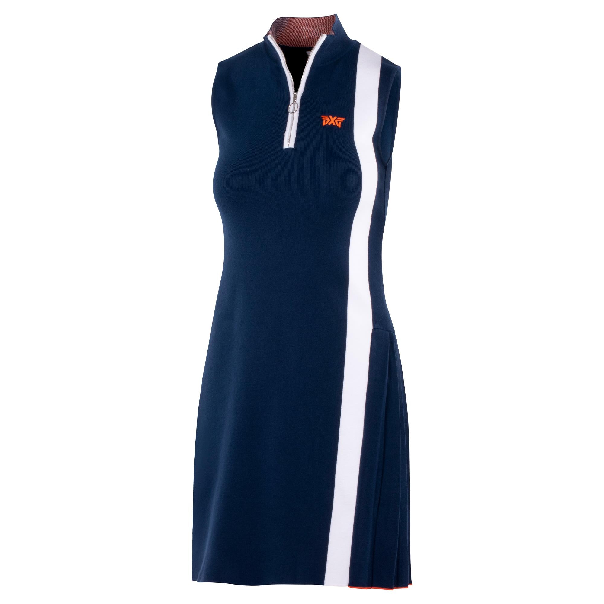 Angled front view of PXG Pleated Ladies Golf Dress in navy
