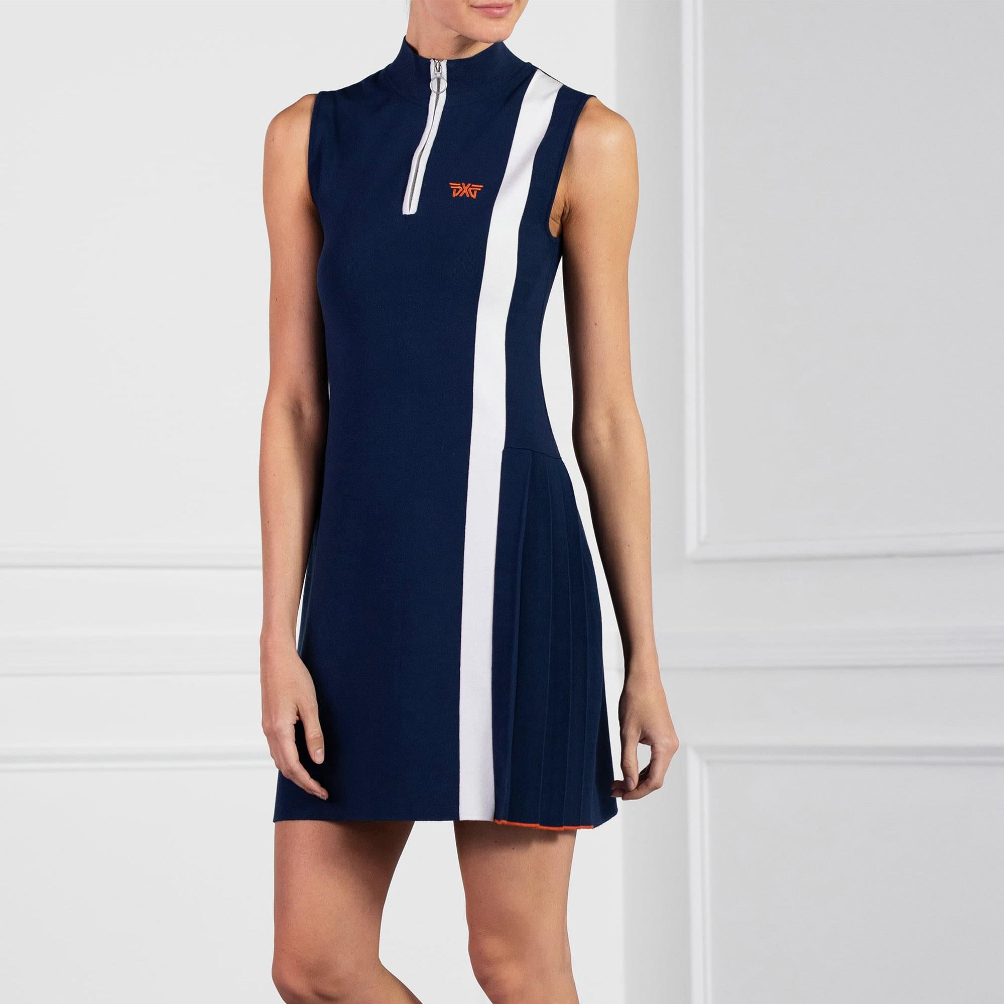 Second model front view of PXG Pleated Ladies Golf Dress in navy