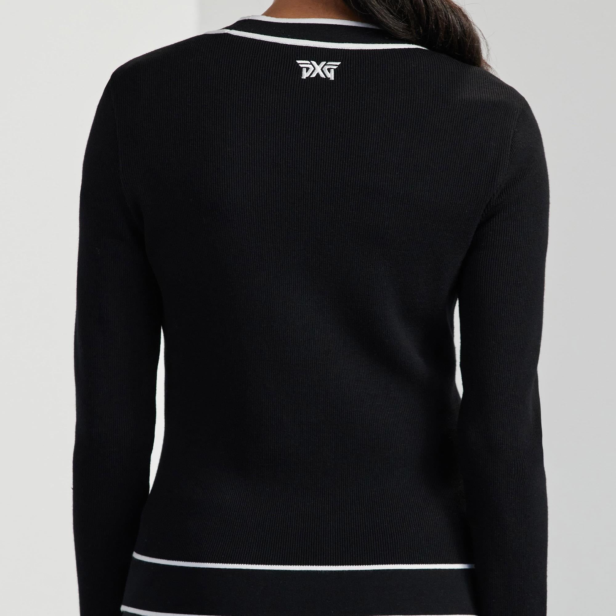 PXG Black and White Cardigan – Model Back Pose
