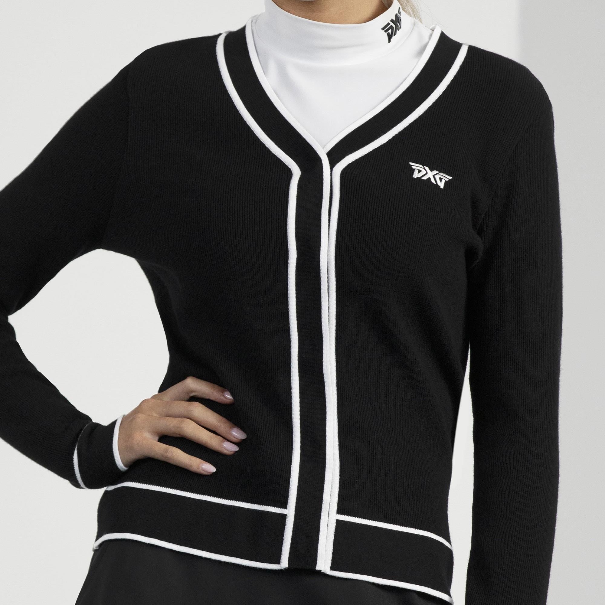 Model Wearing PXG Varsity V-Neck Golf Cardigan – Front View