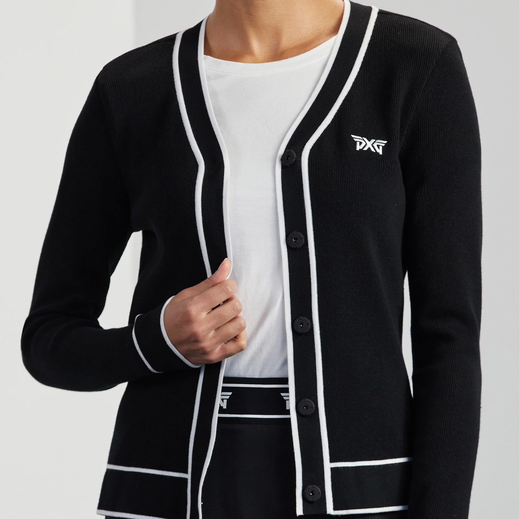 PXG Varsity V-Neck Cardigan – Model Front View in Golf Outfit